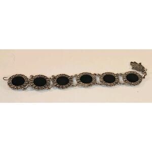 Vintage Souvenir Du Maroc Ornate Silver Bracelet w/Black Circles 8-9"